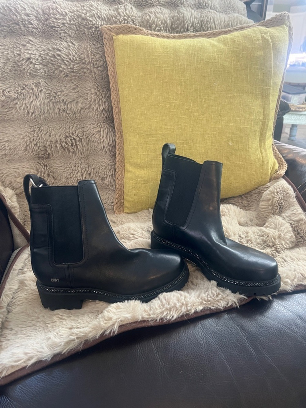 DKNY Black Leather Chelsea Boots with Silver Stud Detail